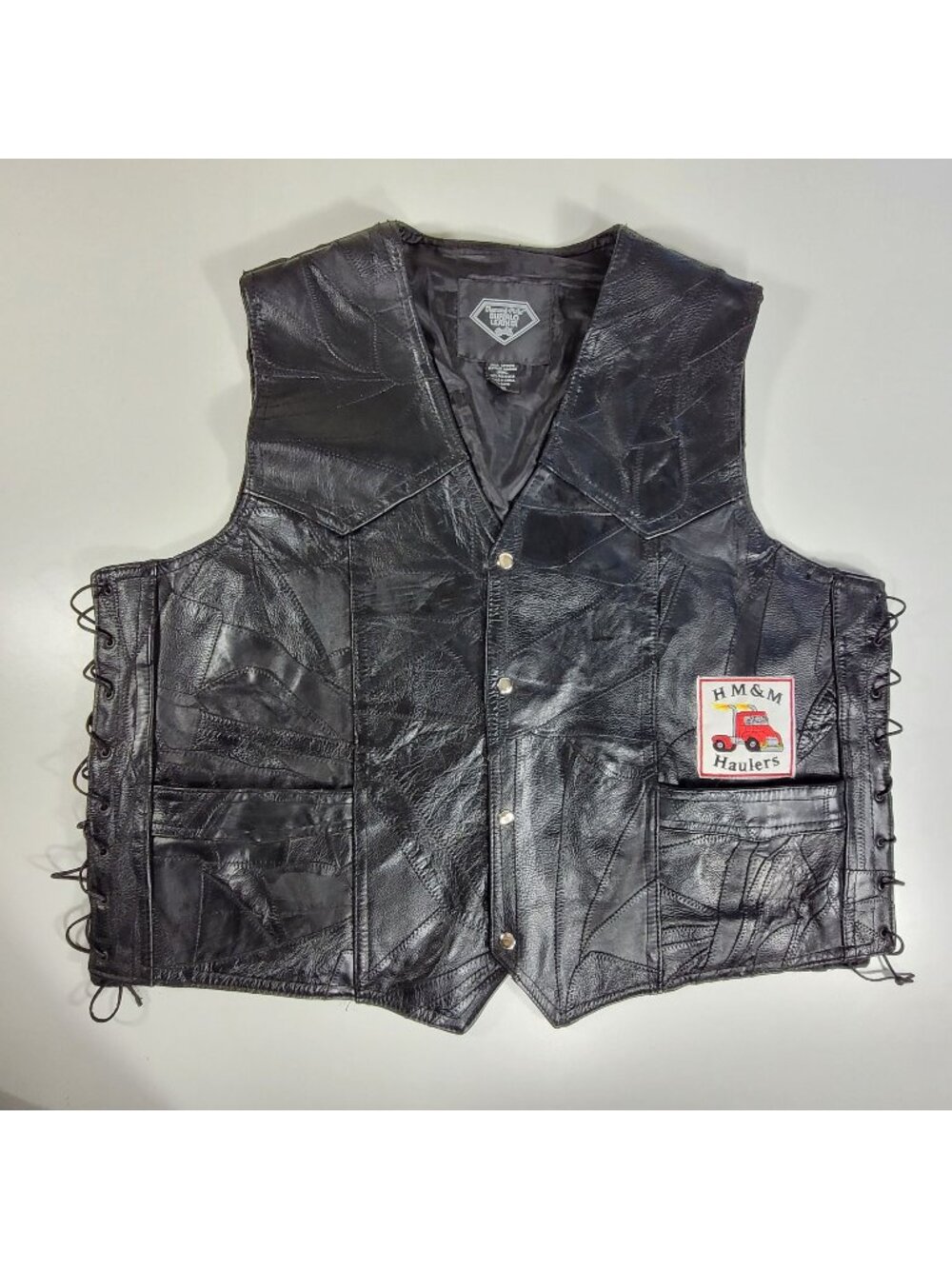 Diamond Plate Genuine Buffalo Leather Biker Vest Eagle Patch Men's Size 4X Black